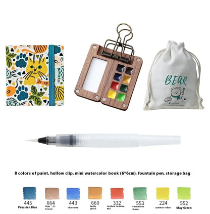 Portable Mini Walnut Watercolor Set with 8 Colors for Sketching & Journaling