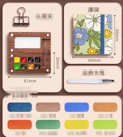 Portable Mini Walnut Watercolor Set with 8 Colors for Sketching & Journaling